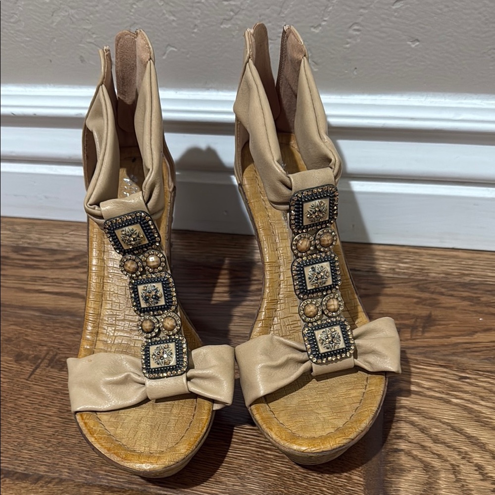 Tan High Heel Sandals with Metallic Embellishments